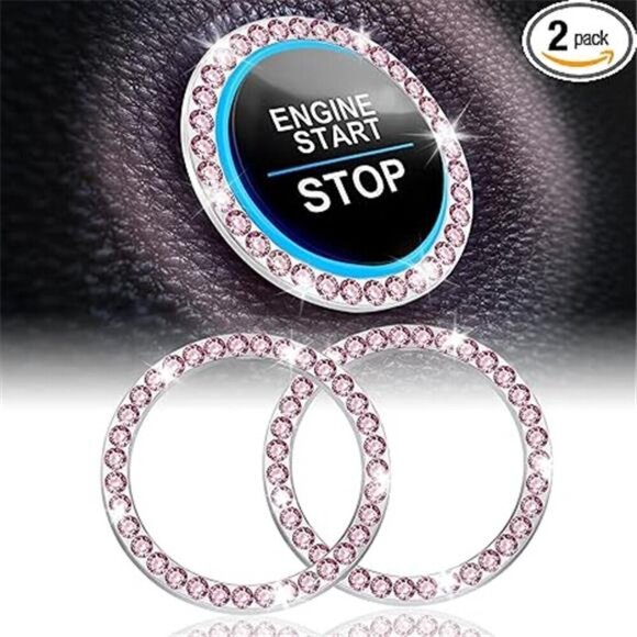 Car Start Button Bling Rhinestone Diamond Engine Button Ring 2-Pack Pink - Picture 7 of 7